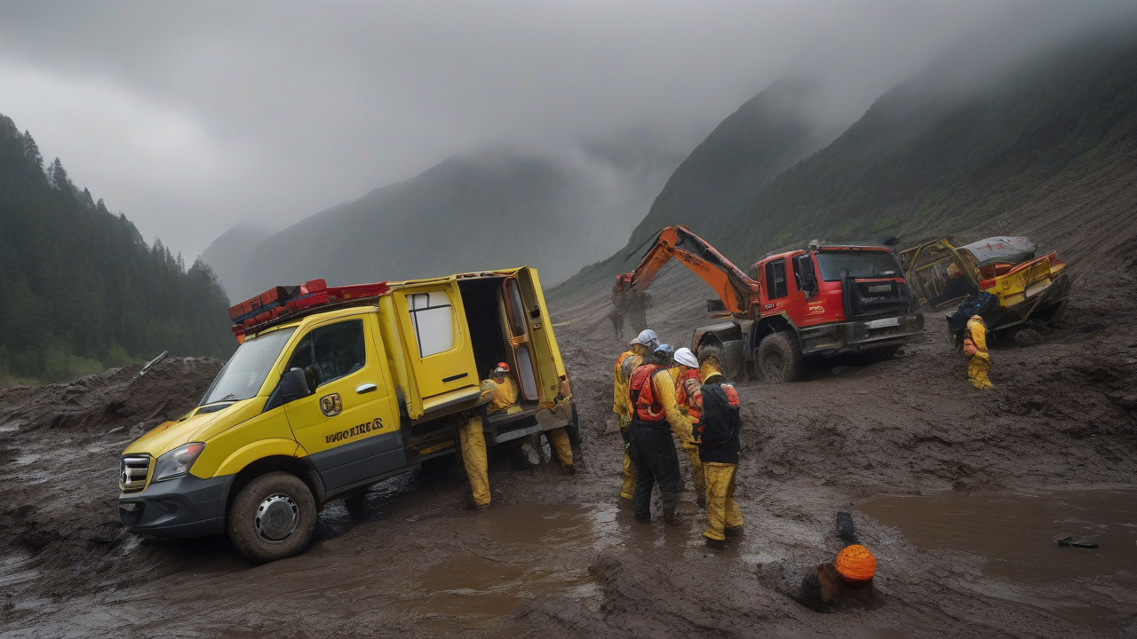 A mountain rescue team working near flood debris with an aid vehicle in the background