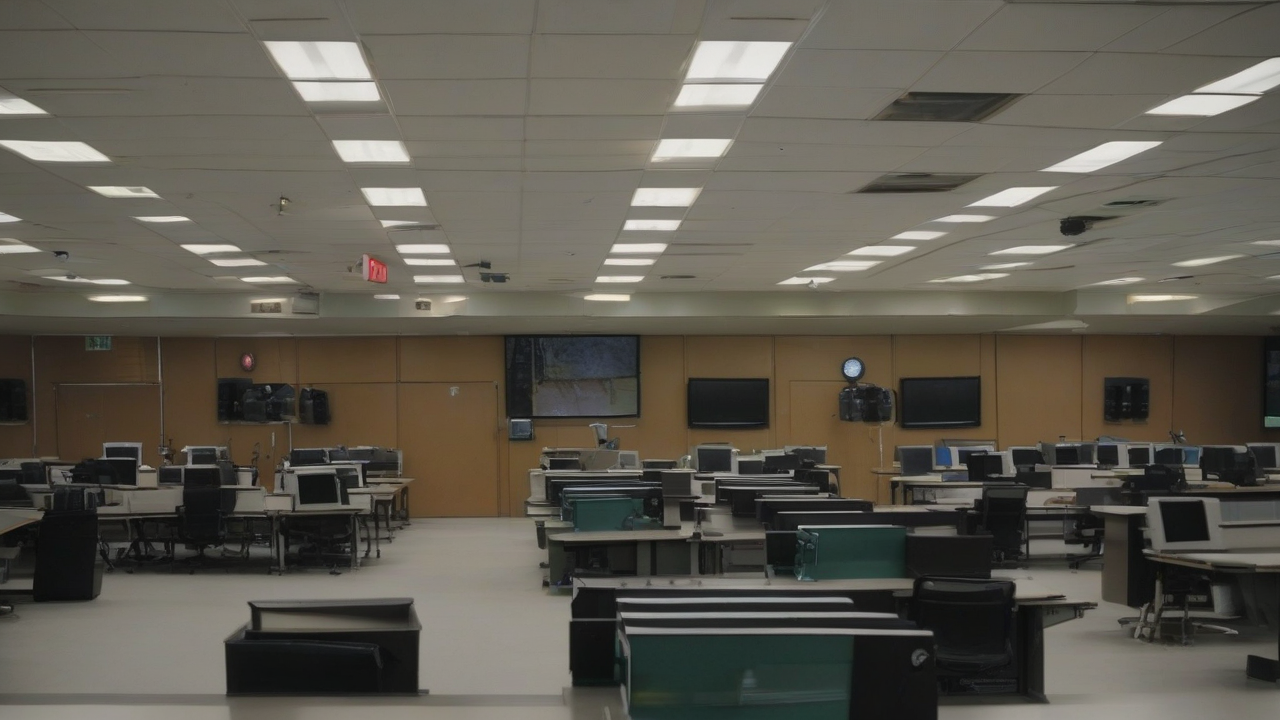 An empty television newsroom with monitors displaying static