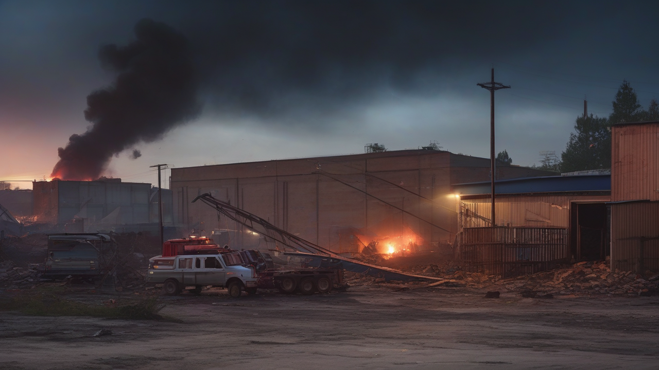 A damaged warehouse structure at dusk with emergency vehicle lights visible in the distance