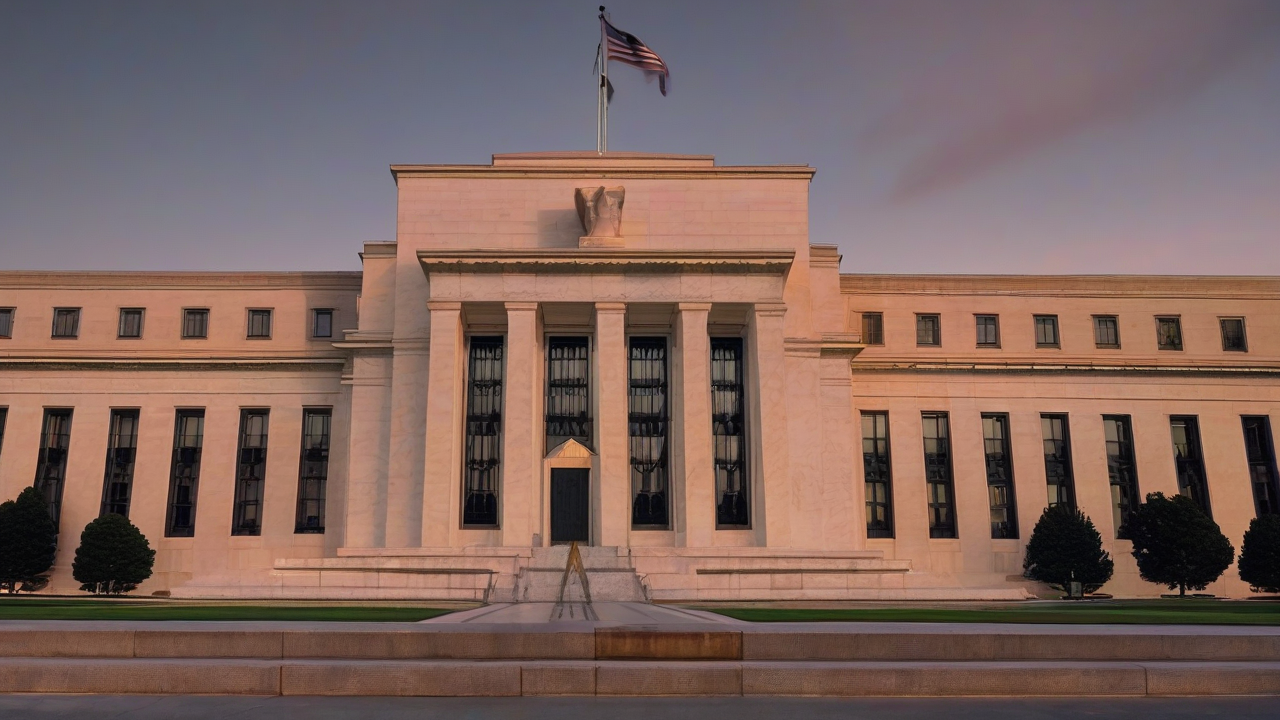 The Federal Reserve building facade with a stock ticker display showing rate-odds percentages