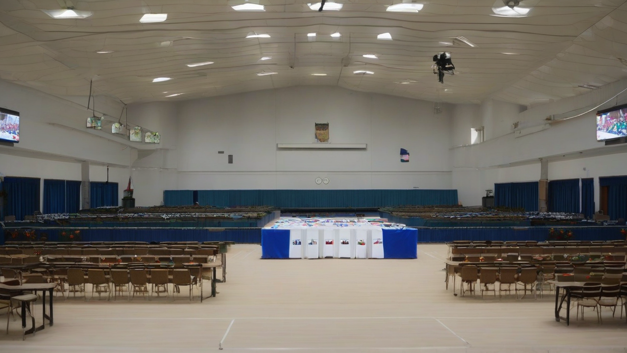 An empty FIFA congress hall with a single national federation flag prominent