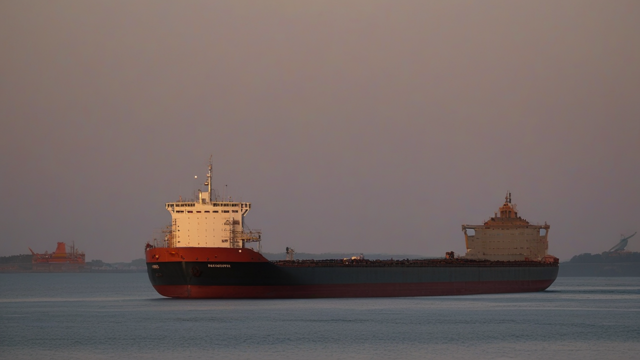 An oil tanker at sea with a faded flag motif and a currency-exchange board superimposed subtly