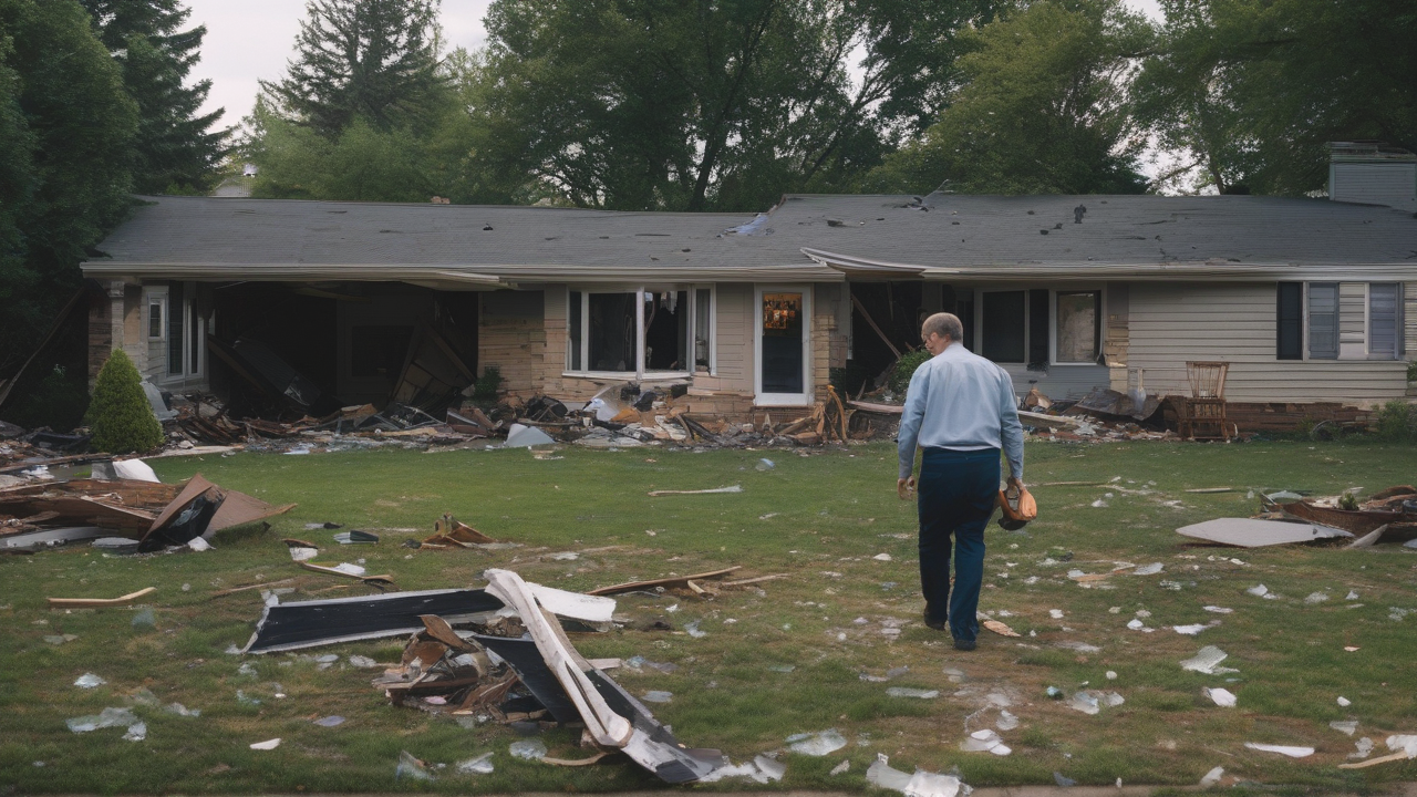 A resident walking through a shattered home with debris and unexploded ordnance visible on the lawn