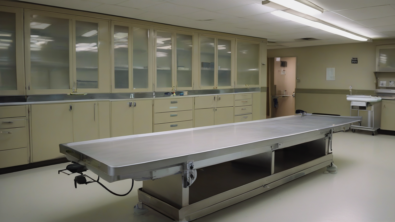 An empty coroner's office examination room under fluorescent light