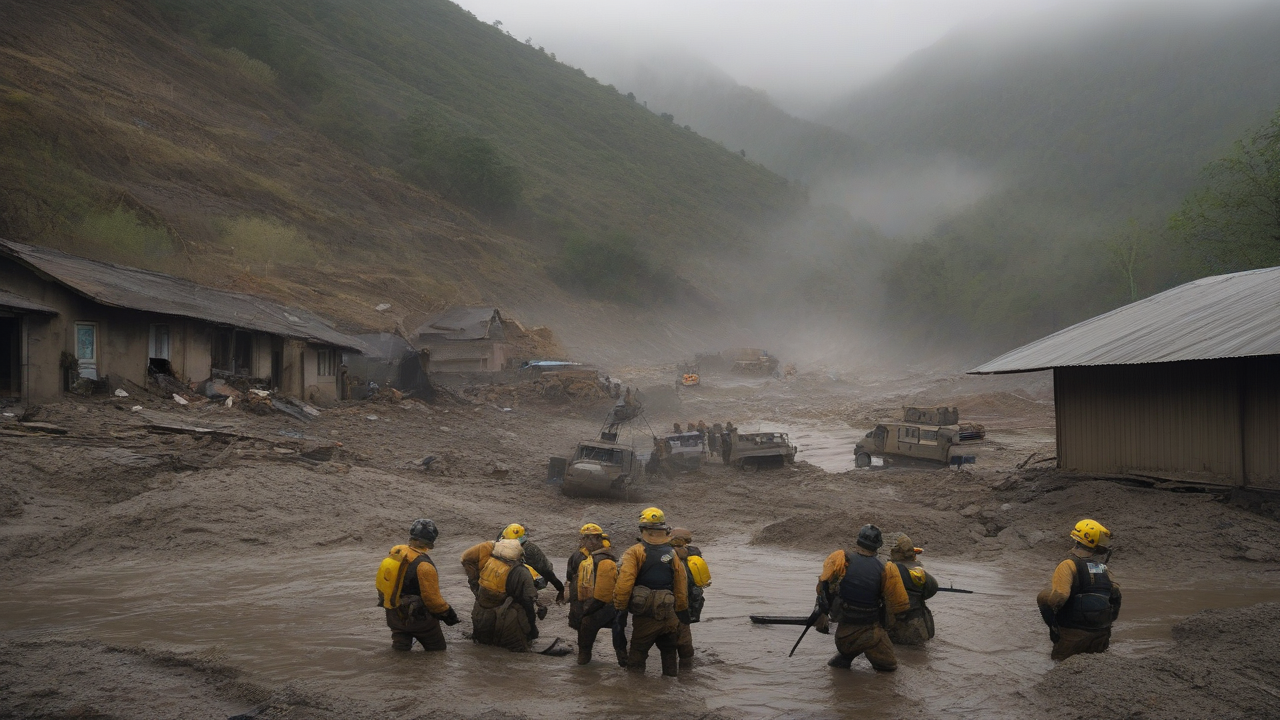 A rescue team wading through thick flood debris in a mountain valley with a military helicopter overhead