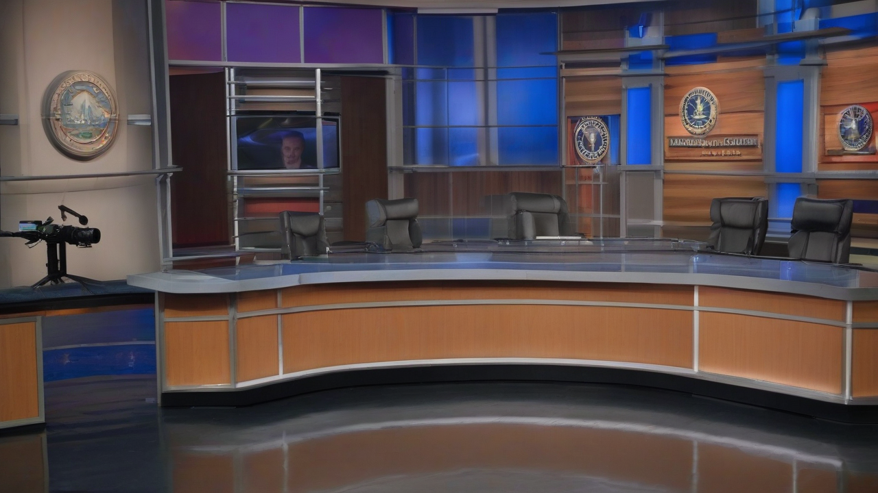A television studio camera pointed at an empty news desk with a small FCC seal visible in the background