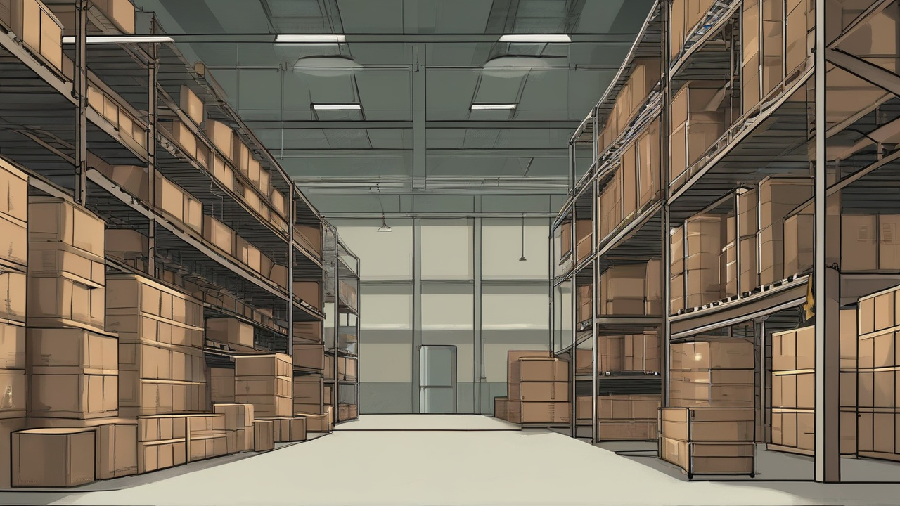An empty military warehouse interior with a few remaining crates and open shelving
