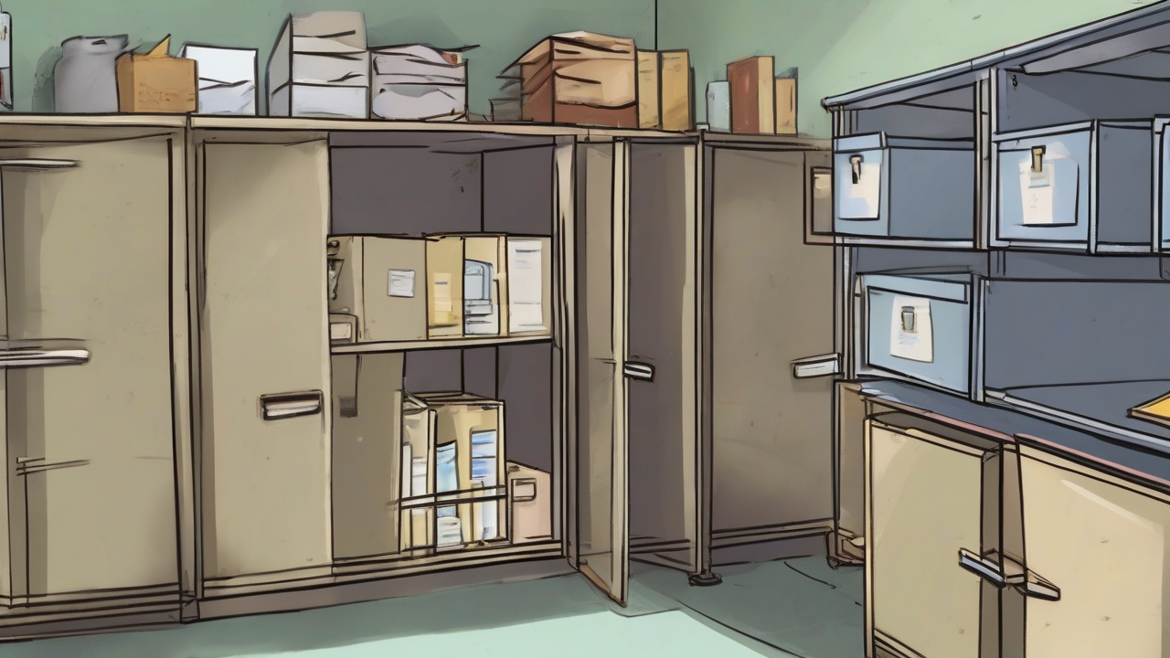 A dimly lit hospital records room with a filing cabinet drawer partially open