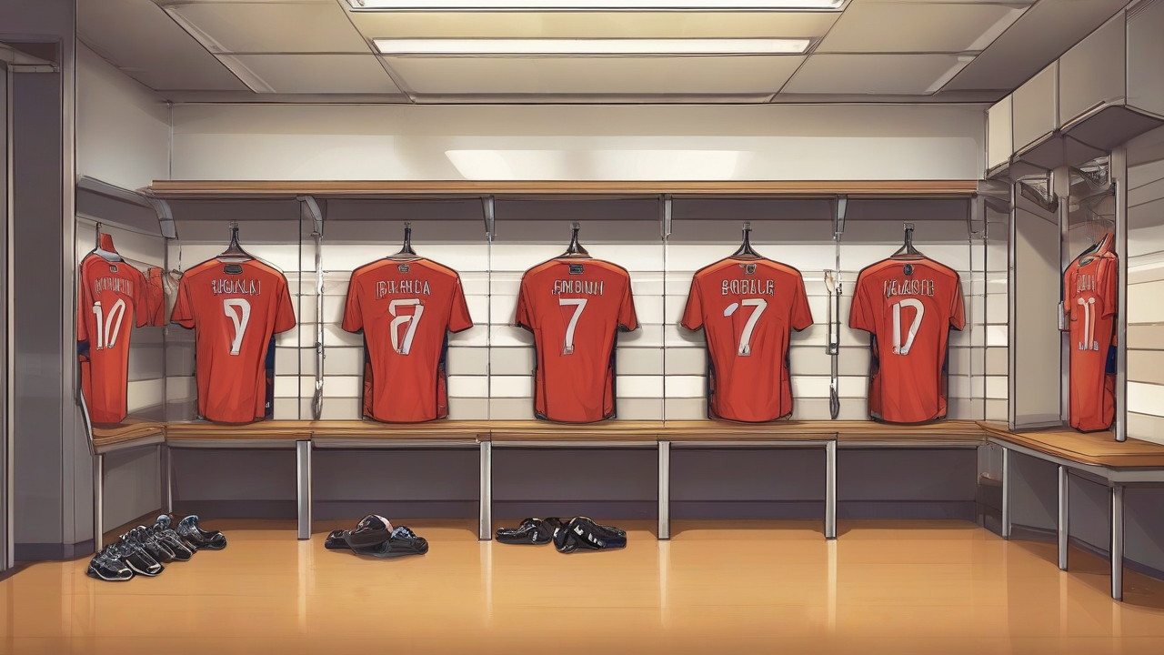 An empty national-team locker room with a single jersey hung on a hook in late-afternoon light