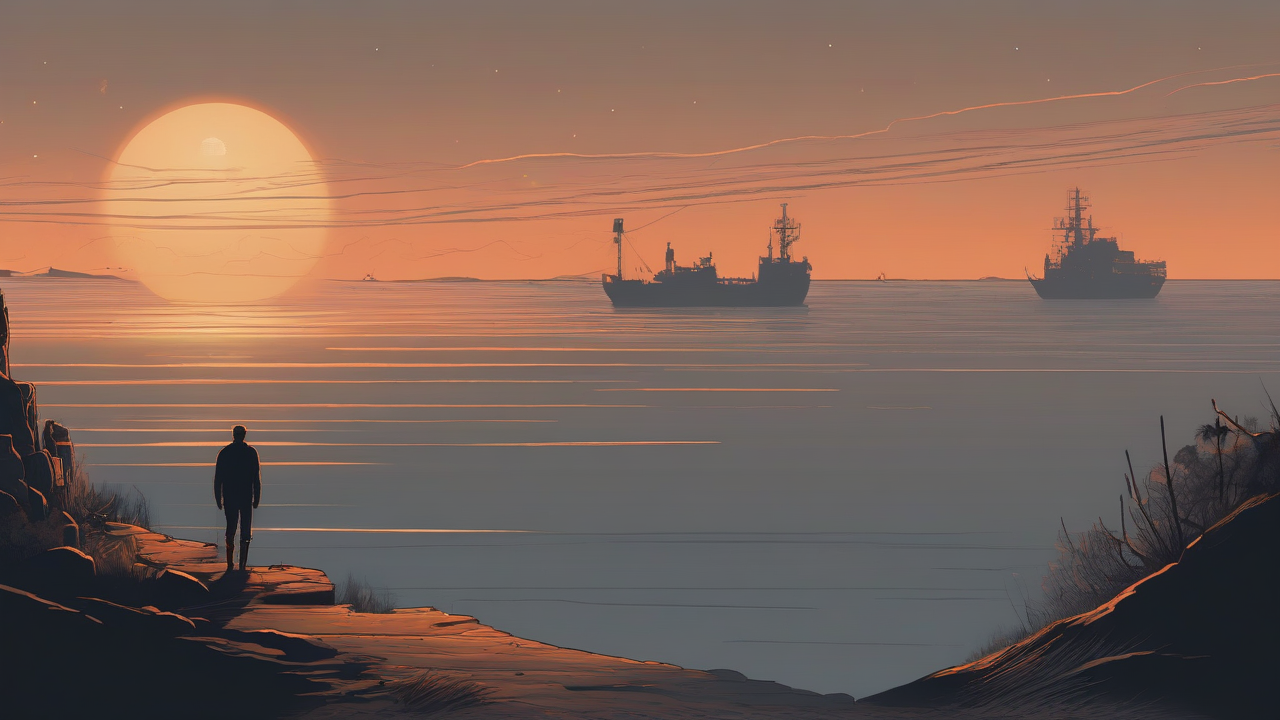 A darkened strait at night with a distant vessel silhouette and a faint orange glow on the horizon