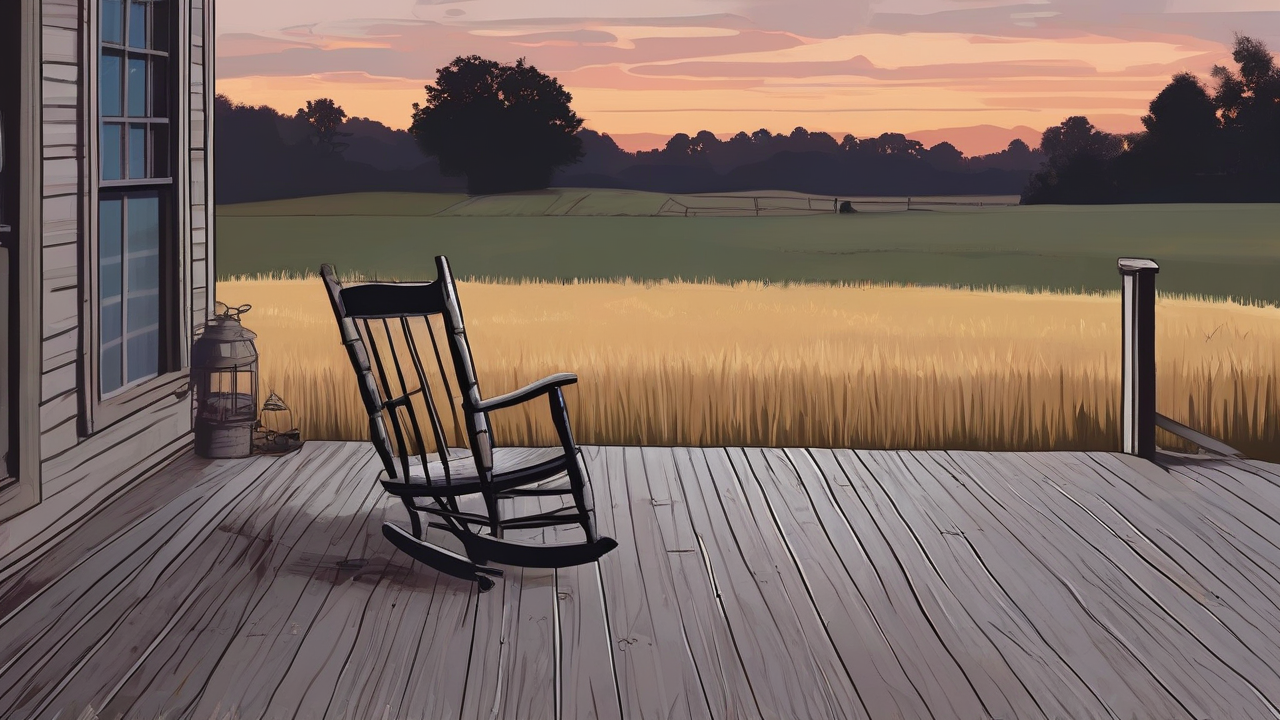 A weathered wooden farmhouse porch overlooking rolling Kentucky farmland at dusk