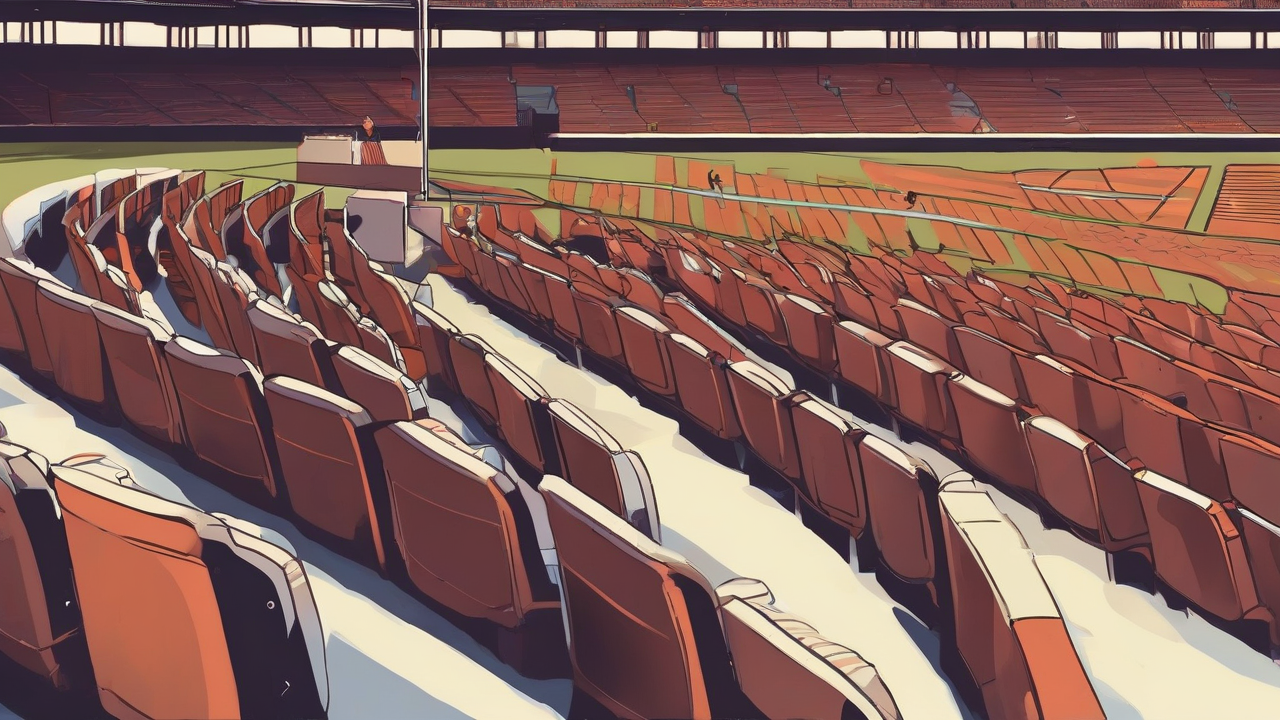 An empty ballpark at twilight with a shadow across unoccupied luxury boxes