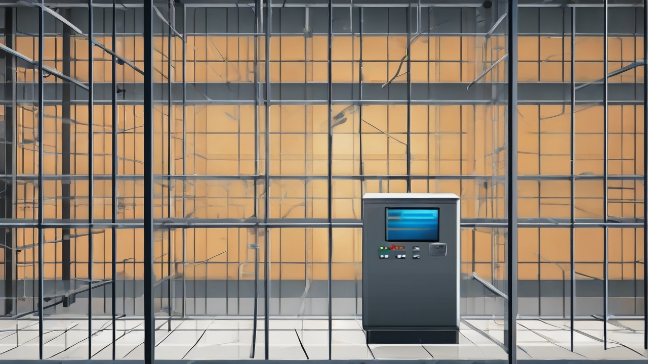 A locked server cage with a single unattended terminal cursor blinking