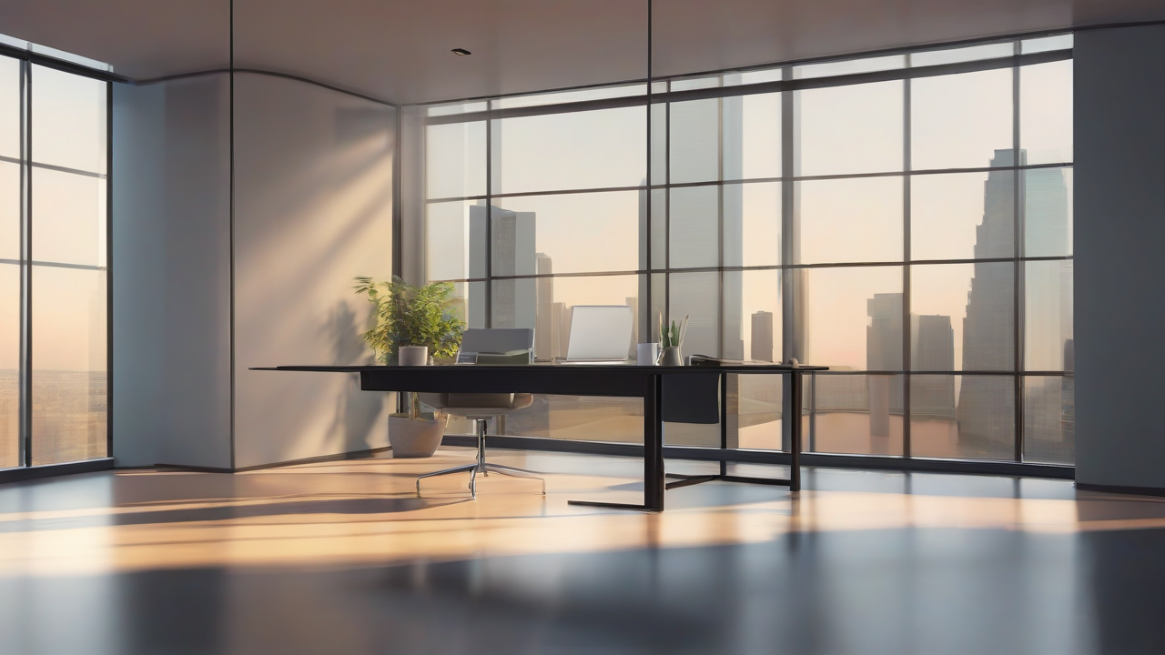 An empty executive glass office at morning light with a closed laptop and a distant product-stage silhouette