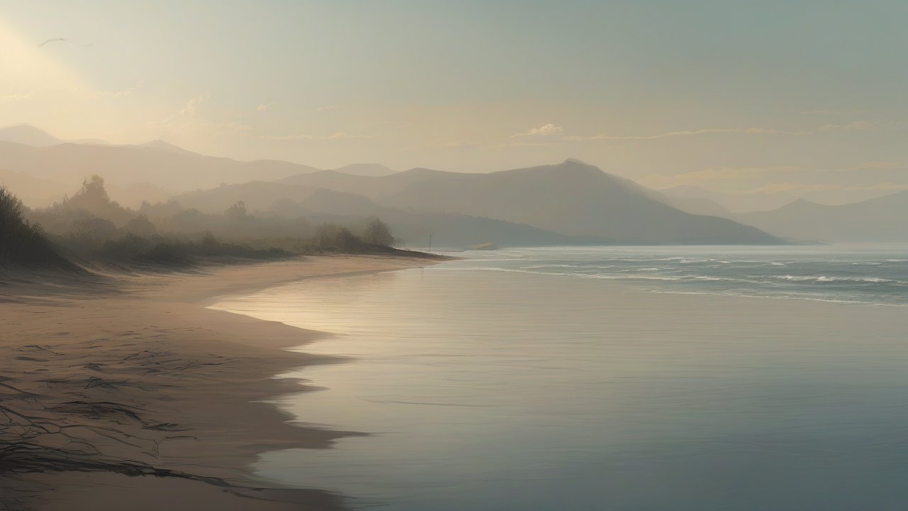 A darkened Gulf shoreline at noon glare with distant smoke on the water