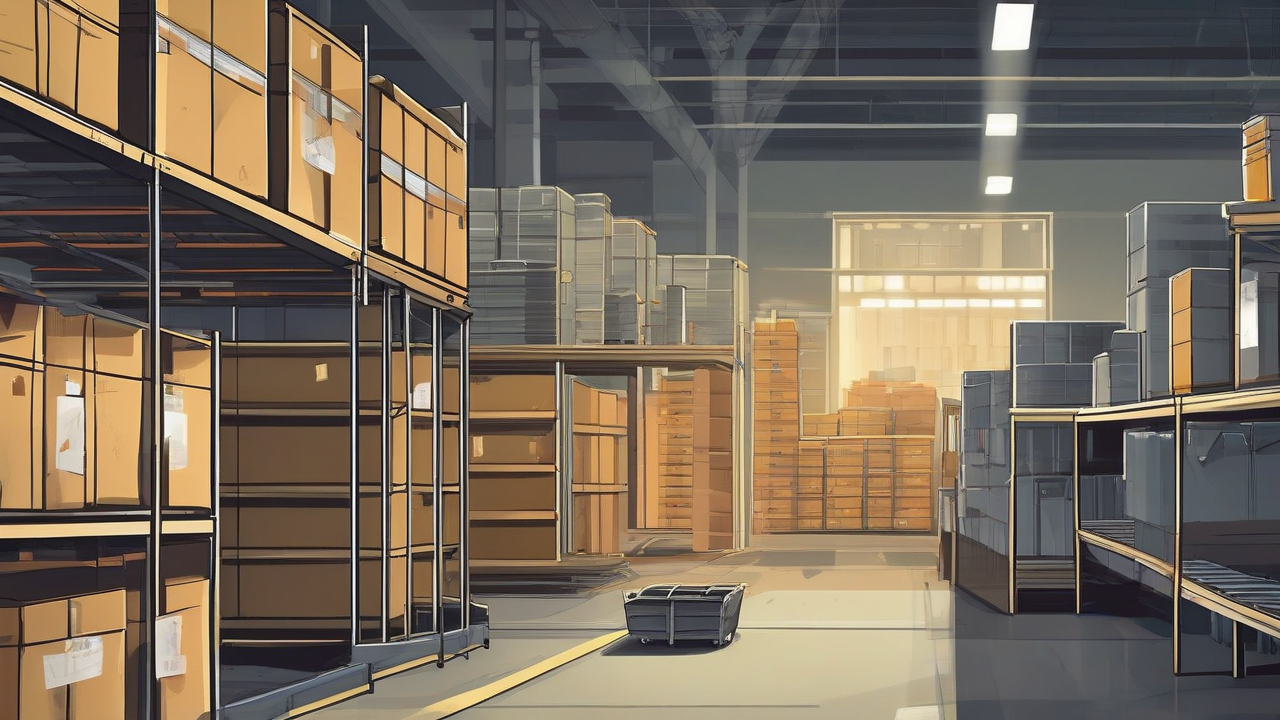 A mail-sorting belt with a single rejected tray pulled aside under warehouse light