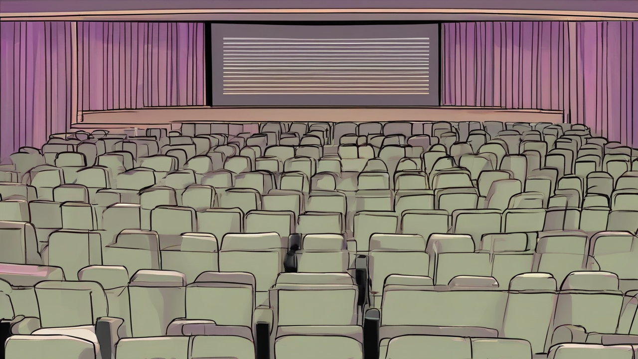 An empty festival screening room with unlit exit signs and a blank screen