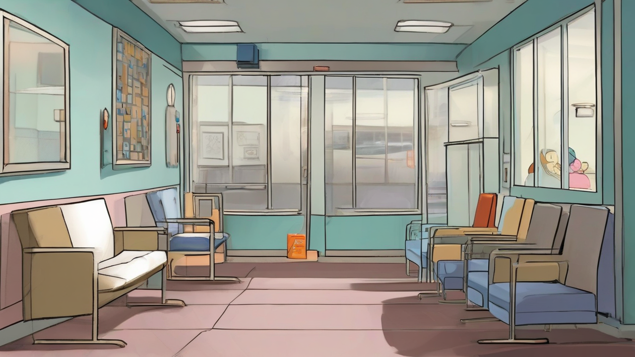 A children's hospital waiting room after hours with two empty chairs and a darkened check-in desk