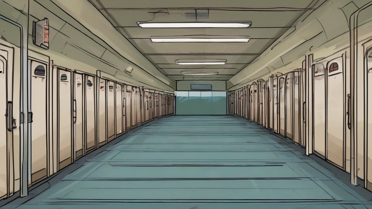 An empty college stadium tunnel with a closed locker-room door and a rolling suitcase
