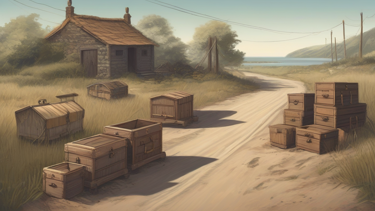 A dusty coastal road with four closed wooden caskets carried at shoulder height toward a low village