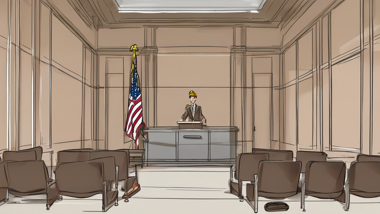 An empty Baton Rouge courtroom with a college helmet on the counsel table and a rolling suitcase by the door
