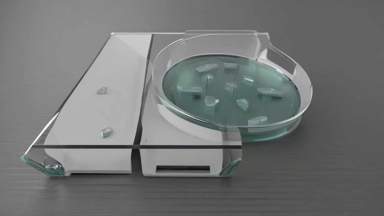 A chip die resting on an open model-card binder in a glass lab