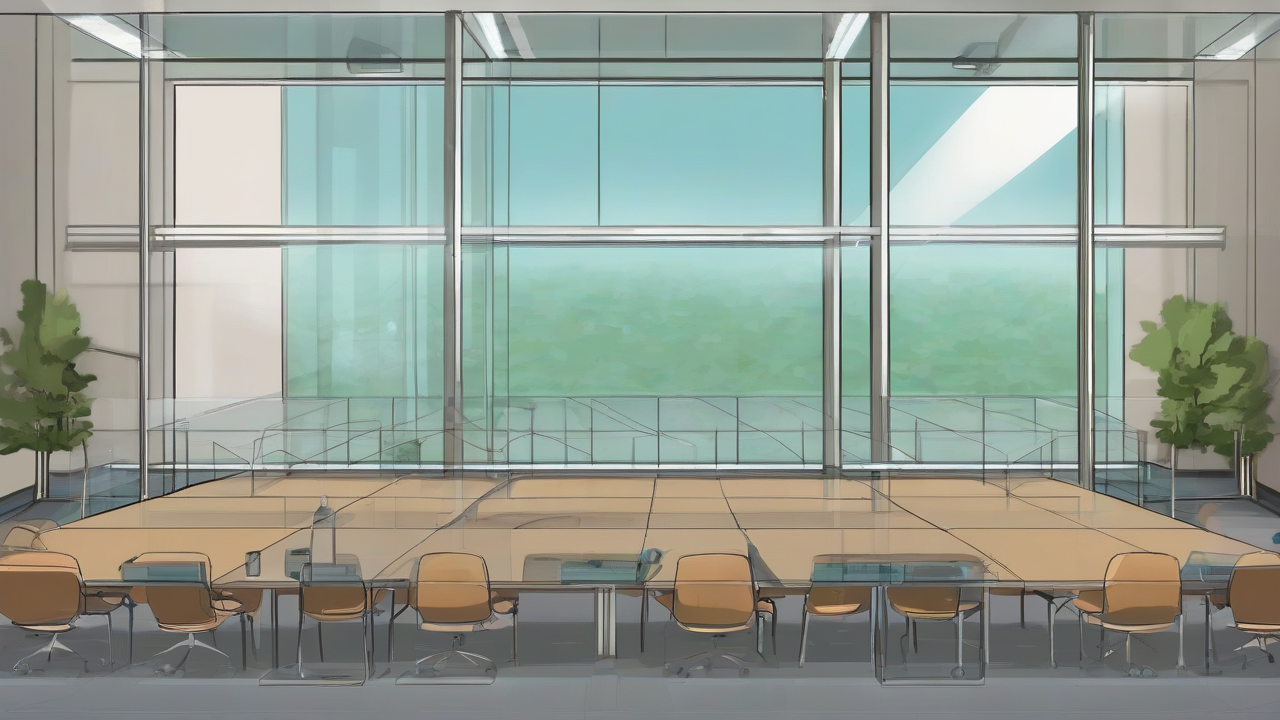 A glass conference room of empty chairs facing a blank screen, water-plant pipes visible through the window