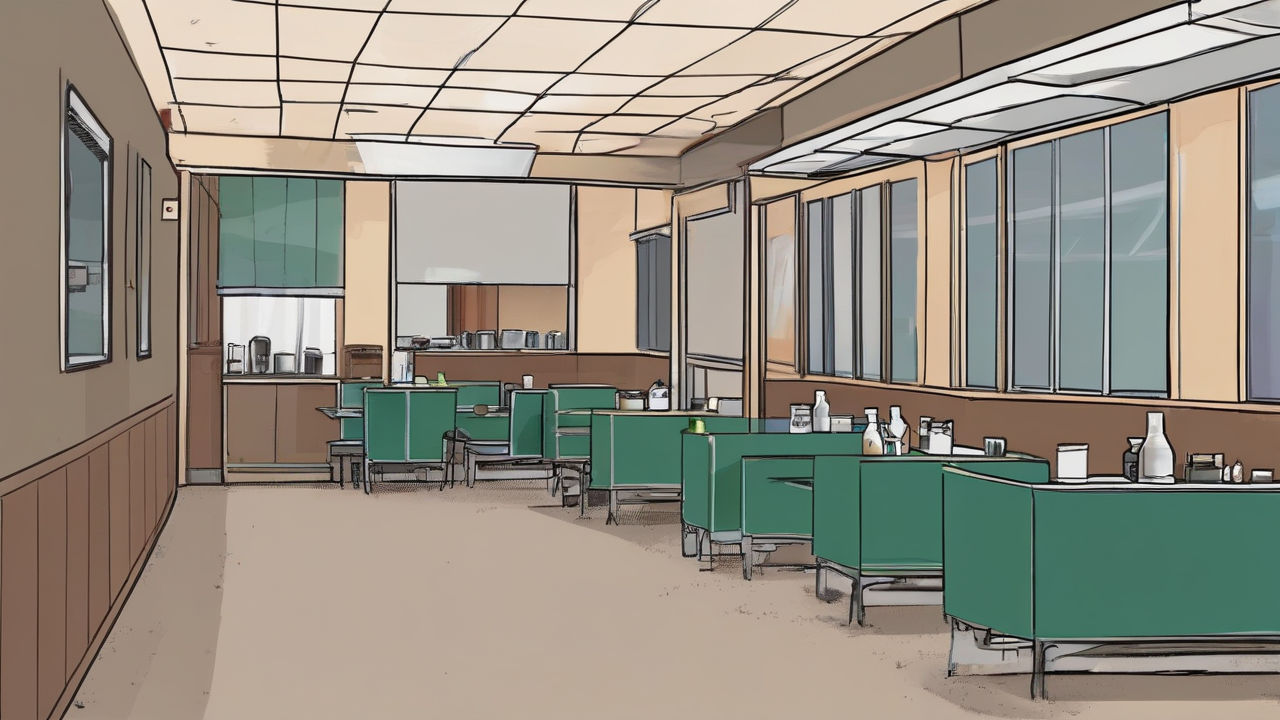 A westbound Turnpike rest-stop dining room after hours with empty booths and a darkened coffee counter