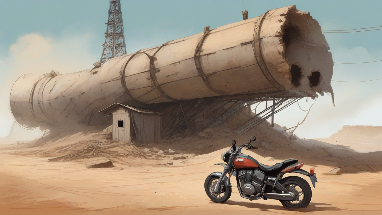 A collapsed courtyard wall beside a communications tower a hundred meters away, motorcycle on its side in the dust