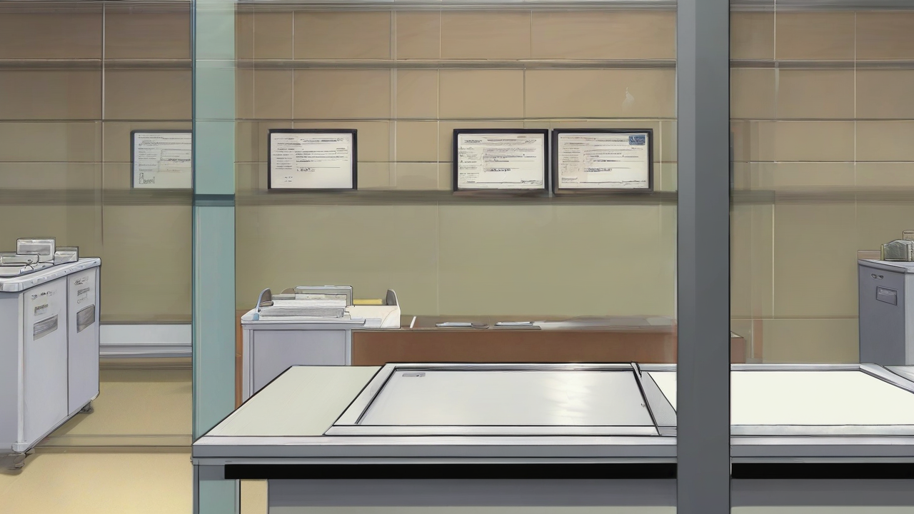 A county morgue file window with one stamped certificate and one unmarked folder on the counter
