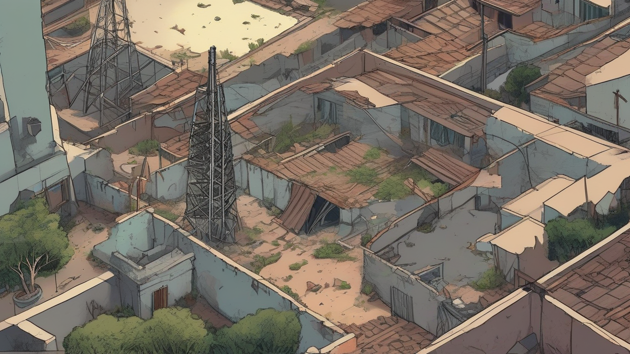 A collapsed courtyard roof beside a distant snapped communications tower