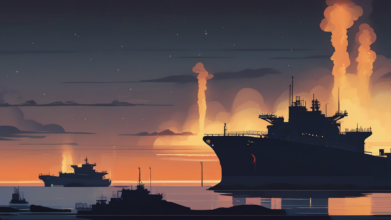 Three darkened tanker silhouettes off a fortified island terminal under night flare light