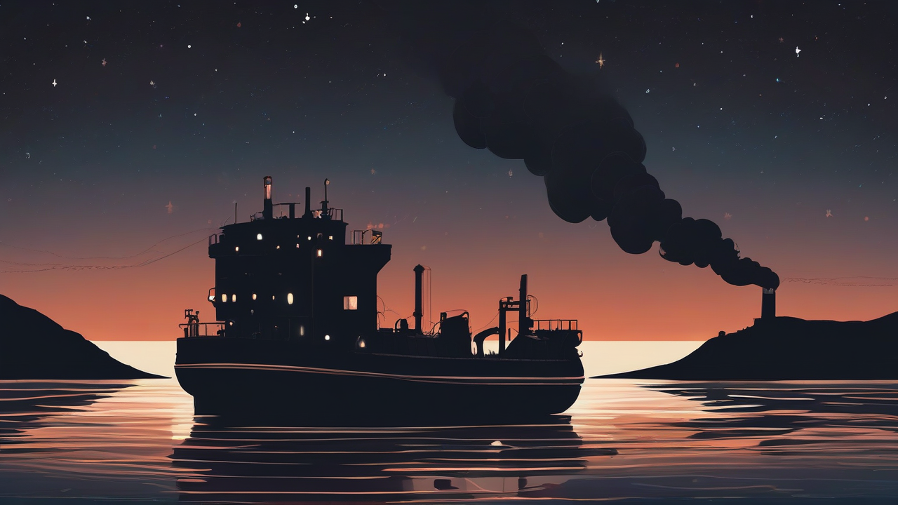 A burning tanker silhouette listing hard over dark water under a night sky