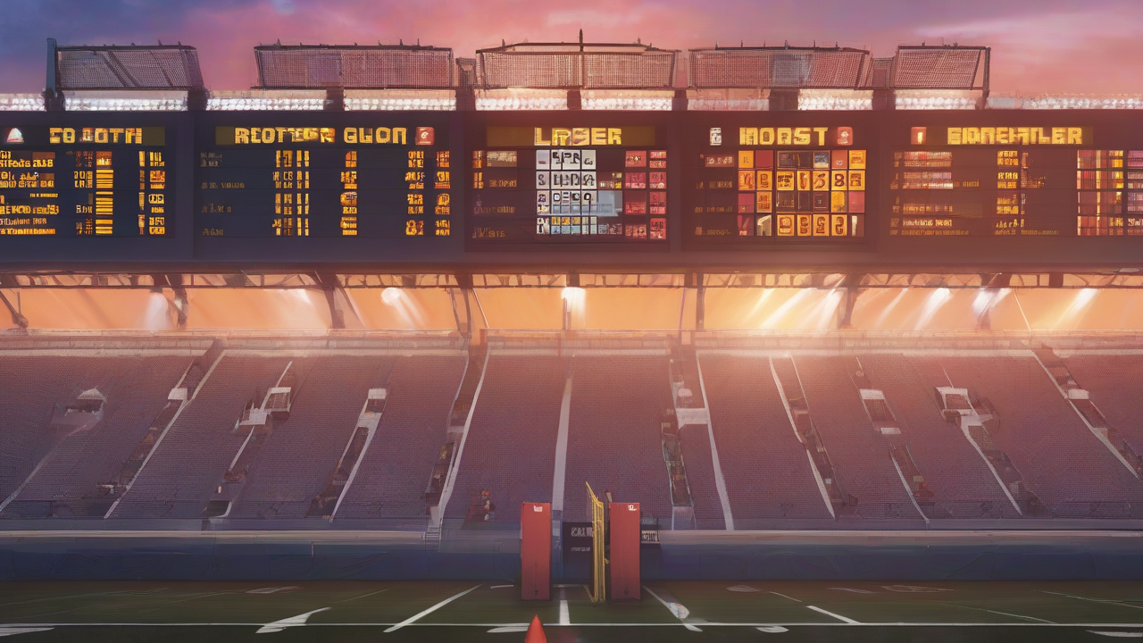 A stadium scoreboard glowing 51-10 above two taped-over roster slots on a clipboard