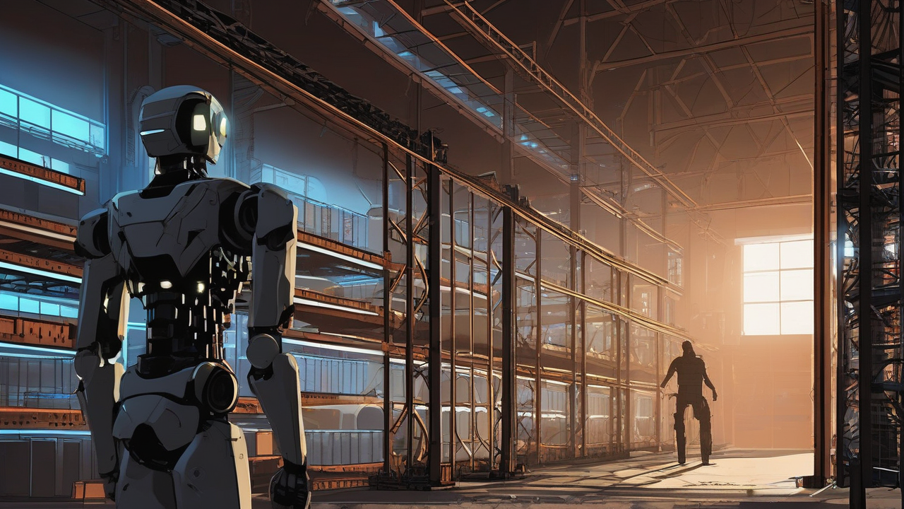 A humanoid robot silhouette beside towering server racks under construction lights