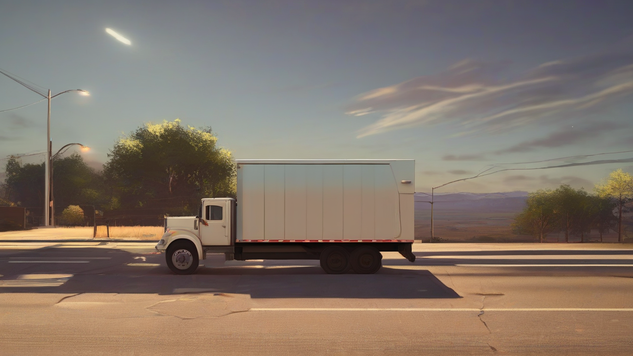 A mail truck on an empty highway beside a courthouse-column mailbox at dawn