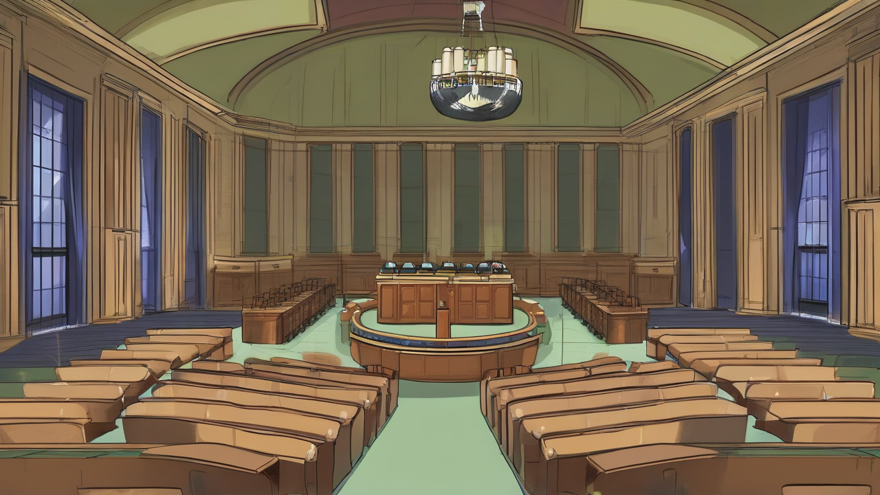 An empty state parliament chamber with one overflowing ballot box and many empty coalition chairs