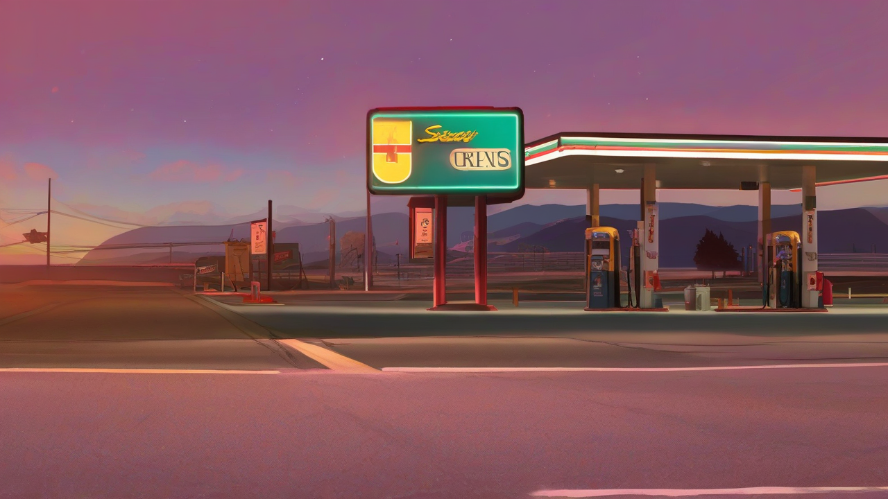 A suburban gas-station price sign glowing at dawn with empty holiday highway behind it