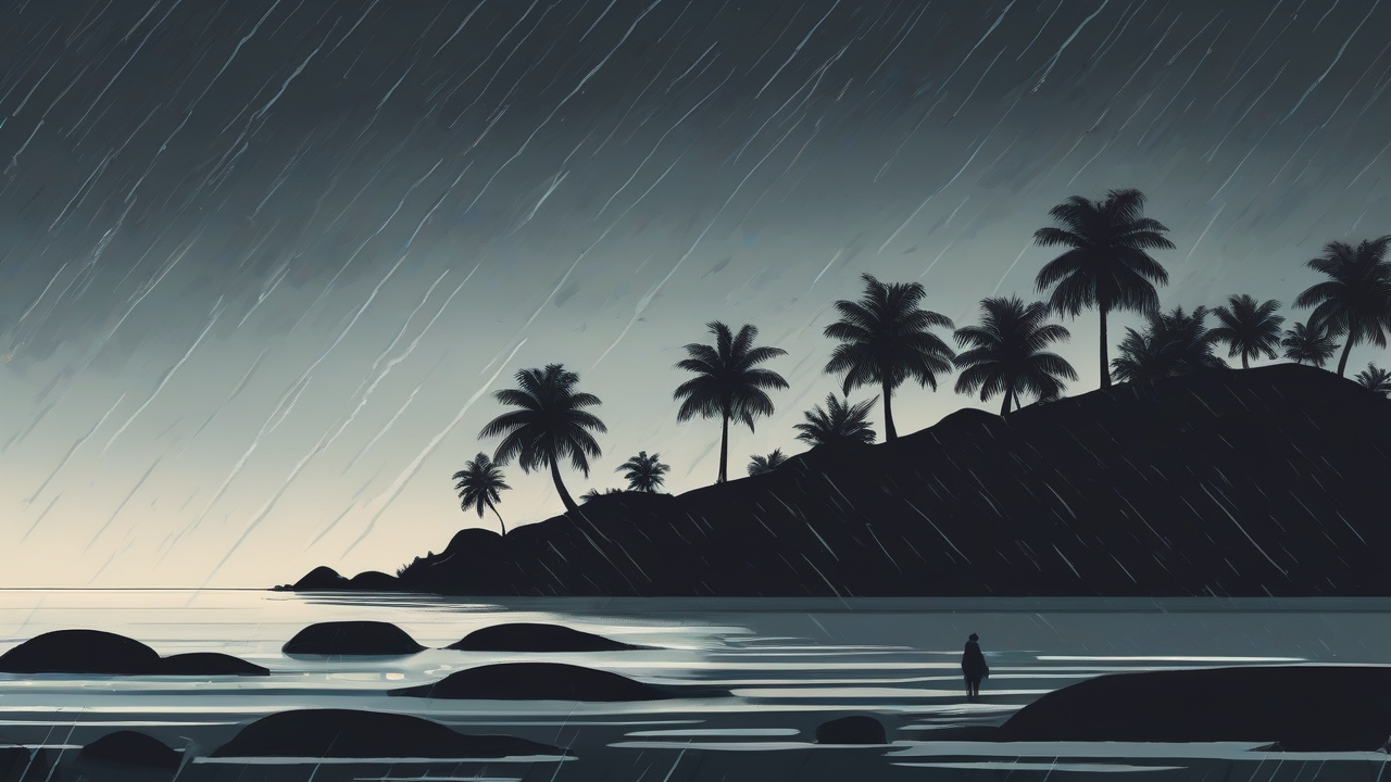 Palm silhouettes bent against a dark approaching wall of rain over a small island