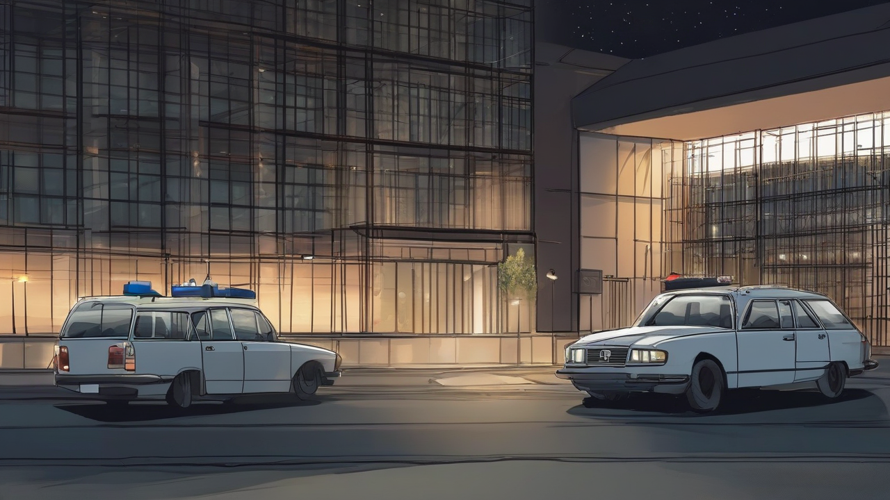 Two empty diplomatic cars at night outside a lit European interior ministry