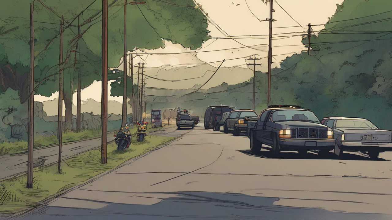 A darkened island road with a visiting motorcade and downed poles