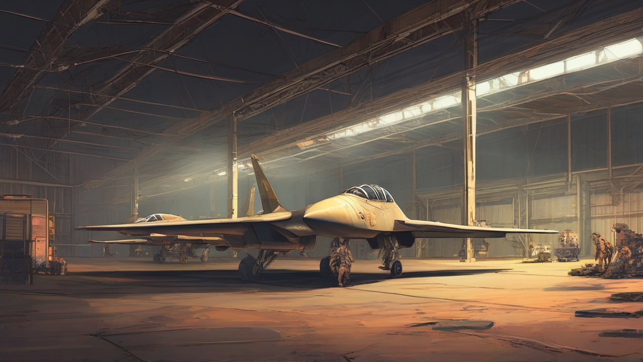 Desert airbase hangars under night missile traces with no flags