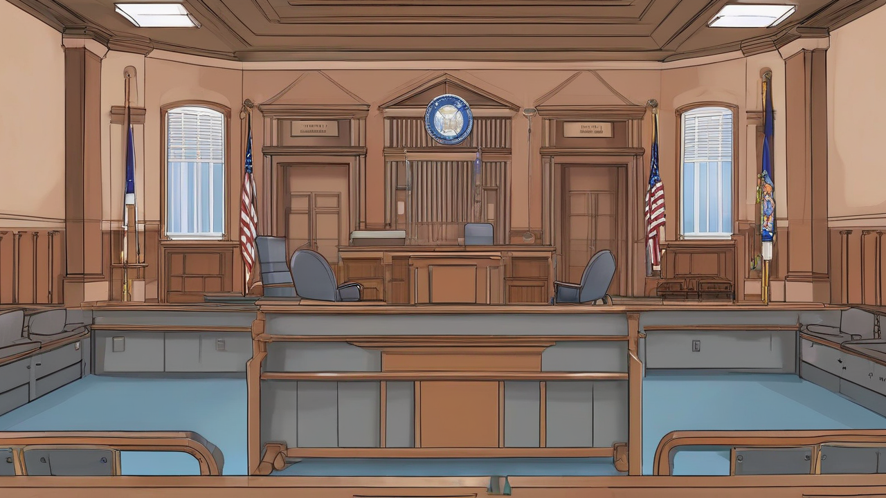 An empty federal courtroom with a continuance order on the bench