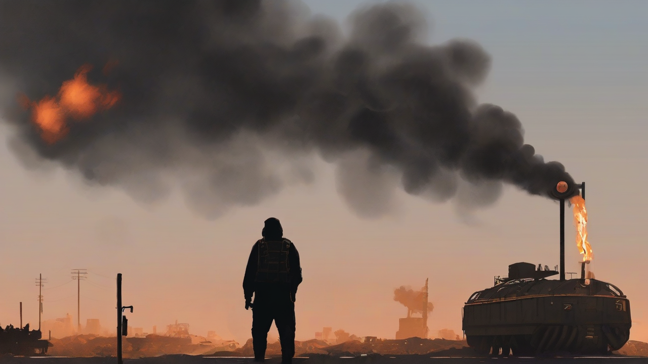 A burning tanker silhouette beside a price board that has just flipped past 100