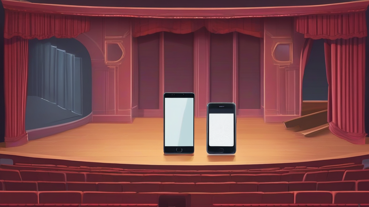 A closed book-sized phone beside an unfolded inner screen on a theater stage with no logos