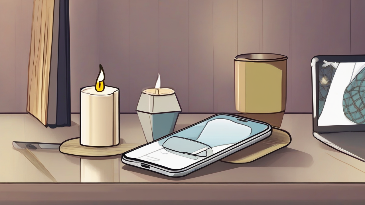A folded phone on a review table beside a flat stock candle