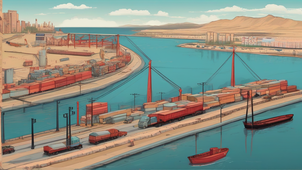 A Red Sea port quay with empty trucks pointing toward a southern city
