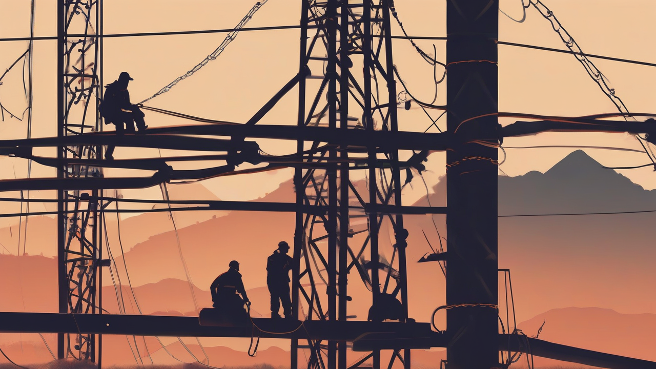 Linemen on a repaired transmission pole above a still-dark valley