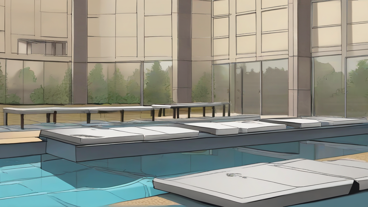 Unsealed briefing folders on a table beside an empty memorial pool with no names rendered as readable text