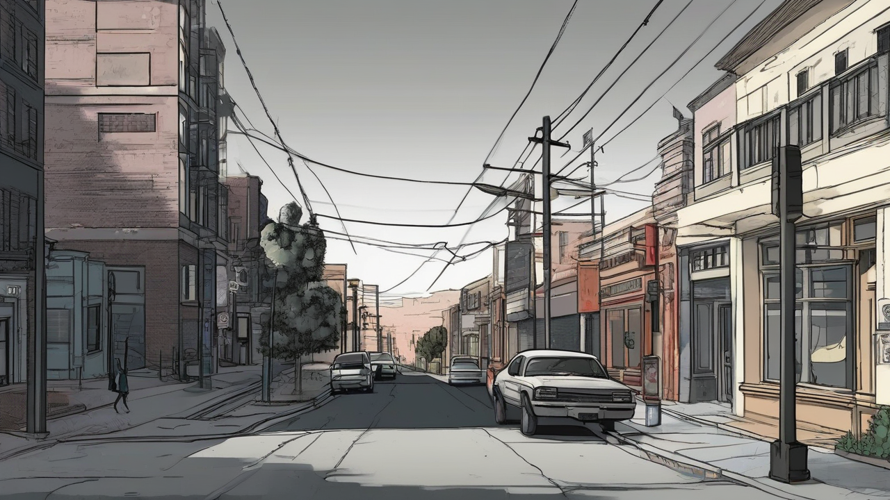 A lit downtown street ending in a still-dark north valley